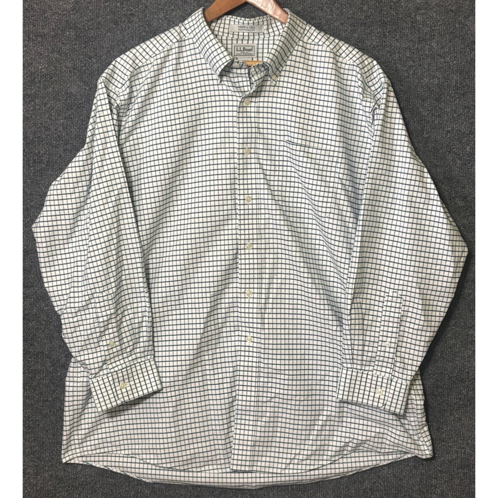 LL Bean Mens 18-33 Button Down Shirt White Green Wrinkle Free Traditional Fit